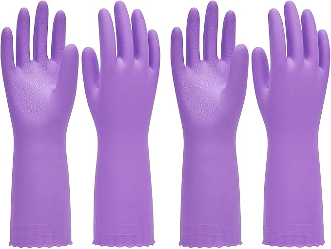 PACIFIC PPE 2 Pairs Reusable Dishwashing Cleaning Gloves with Latex Free, Cotton Lining, Kitchen Gloves, Purple, Small