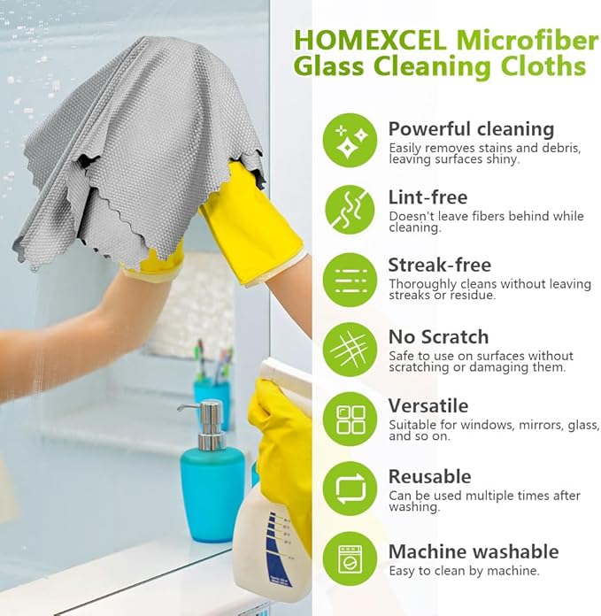 HOMEXCEL Grey Microfiber Glass Cleaning Cloths-6PK, 16"x14" Lint Free Window Cleaning Cloth, Glasses, Mirrors, Screens, Stainless Steel, Premium Microfiber Wipes for Cleaning, Glass and Window Cleaner