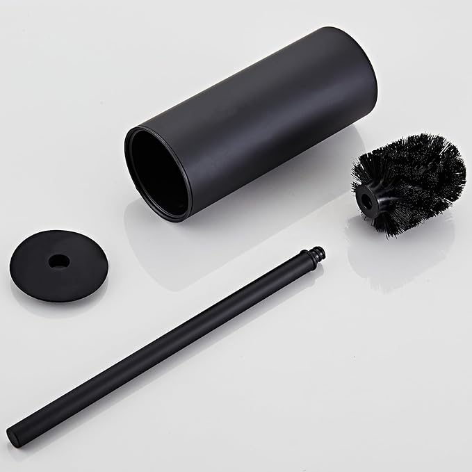 Toilet Brush and Holder Set, NEWRAIN 304 Stainless Steel Toilet Brush with Long Brush Handle, Matte Black Toilet Scrubber and Covered Holder, Round Design Sturdy and Space Saving, Covered Brush