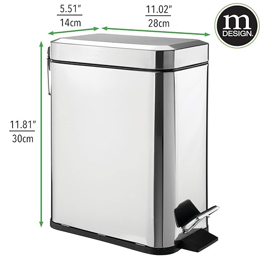 mDesign Small Modern 1.3 Gallon Rectangle Metal Lidded Step Trash Can, Compact Garbage Bin with Removable Liner Bucket and Handle for Bathroom, Kitchen, Craft Room, Office, Garage - Chrome