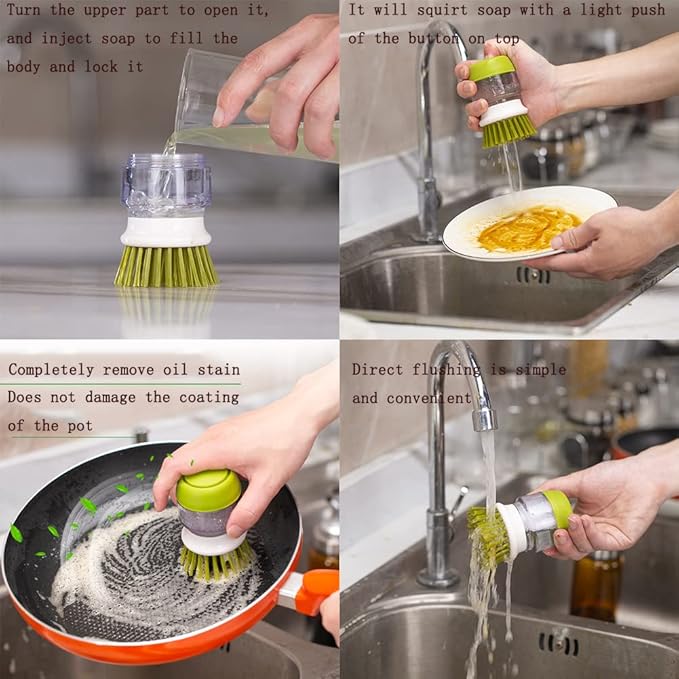 Dish Brush with Soap Dispenser, Dishwashing Kitchen Scrub Brushes Dish Scrubber with Holder Drip Tray, for Cleaning Pan, Pot, Sink(Grey)