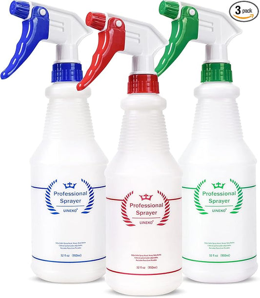 Plastic Spray Bottle (3 Pack, 32 Oz, 3 Colors) Heavy Duty All-Purpose Empty Spraying Bottles Leak Proof Commercial Mist Water Bottle for Cleaning Solutions Plants Pet with Adjustable Nozzle