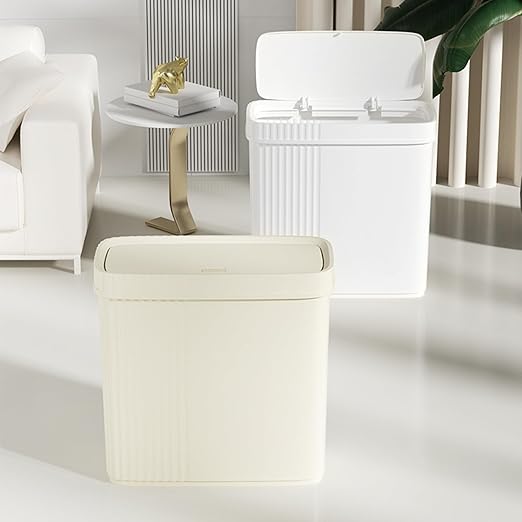 UUJOLY Small Bathroom Trash Can with Lid Slim Wastebasket Garbage Can Plastic Container Basket Trash Bin for Kitchen, Laundry Room, Office, Kids Room, Dorm, White, 2.4 Gallon