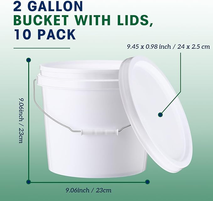 Tioncy 10 Pcs 2 Gallon Plastic Bucket with Lid Heavy Duty 2 Gallon Bucket Pail with Lid Handle for Storage Container Home Household Cleaning (White)
