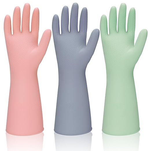 Rubber Kitchen Dishwashing Gloves - 3 Pairs Reusable Household Cleaning Gloves, Flexible and Durable & Non-slip Cleaning Gloves, Great for Kitchen, Bathroom, Laundry (Large, Pink+Green+Grey)