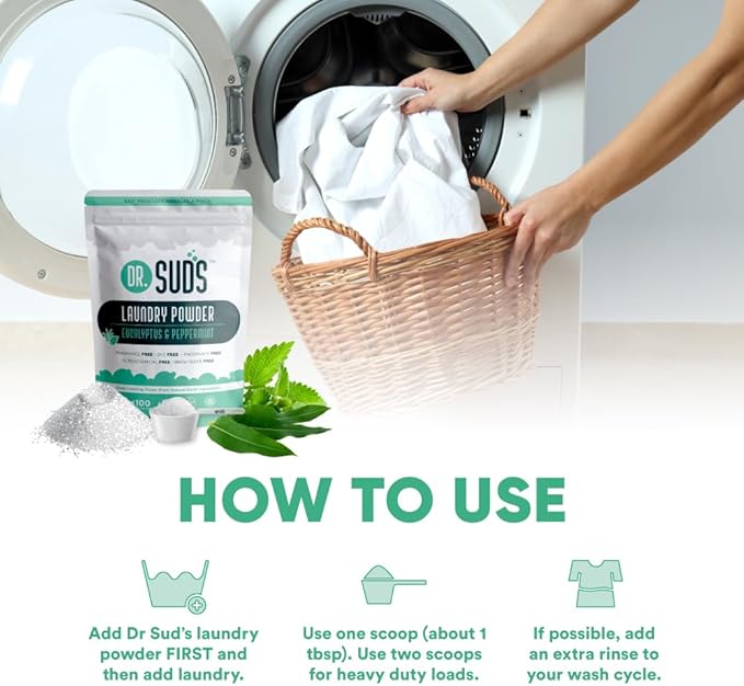 Dr Suds Natural Laundry Detergent Powder 4 Lbs 100+ Loads Scented with Eucalyptus and Peppermint Made with Natural Earth Ingredients Made in USA