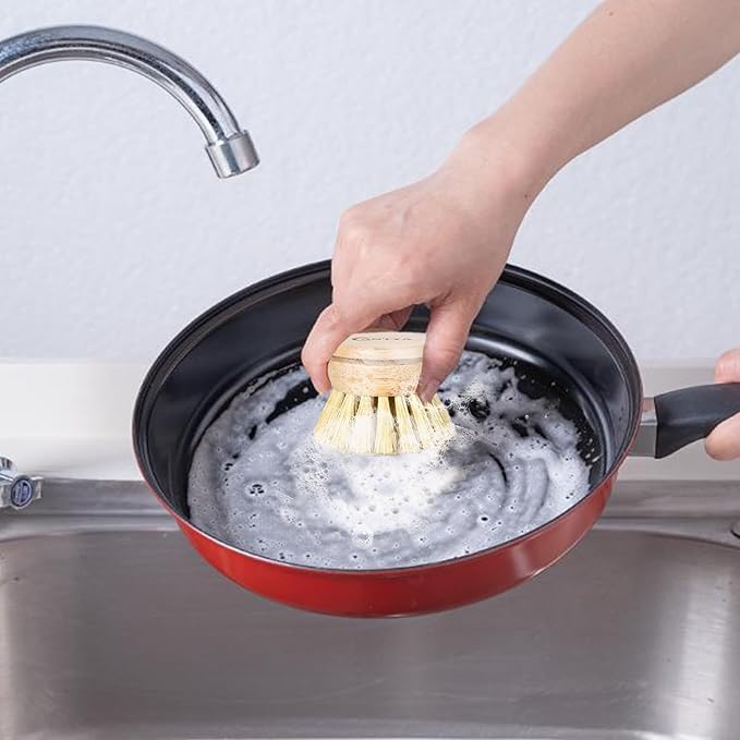 Bamboo Dish Brush with Handle - 4 Replacement Heads, Eco Soft Bristles Vegetable Brush Scrubber for Food, Compostable & Sustainable, Bamboo Dish Scrubber for Cleaning Kitchen Utensils