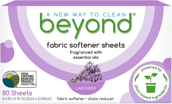 Beyond Fabric Softener Sheets (80 sheets) - Lavender Scent - Eco-Friendly Plant-Based Dryer Sheets. Removes Static Cling. Recyclable Packaging.