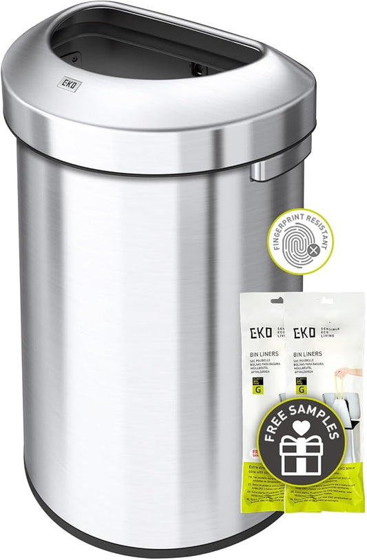 EKO Urban 21 Gallon Semi-Round Open Top Waste Bin, Stainless Steel Half Round Commercial Trash Can for Indoor and Outdoor, Extra Large Metal Garbage Bin for Home, Office, Restaurant, Restroom, 80L