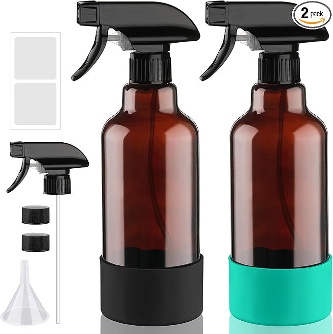 Glass Amber Spray Bottles with Silicone Sleeve, 2 Pack 16.9oz Refillable Containers with Adjustable Spray Nozzles, Empty Spray Bottle for Cleaning Solutions, Hair, Plants, Essential Oils (Black+Green)