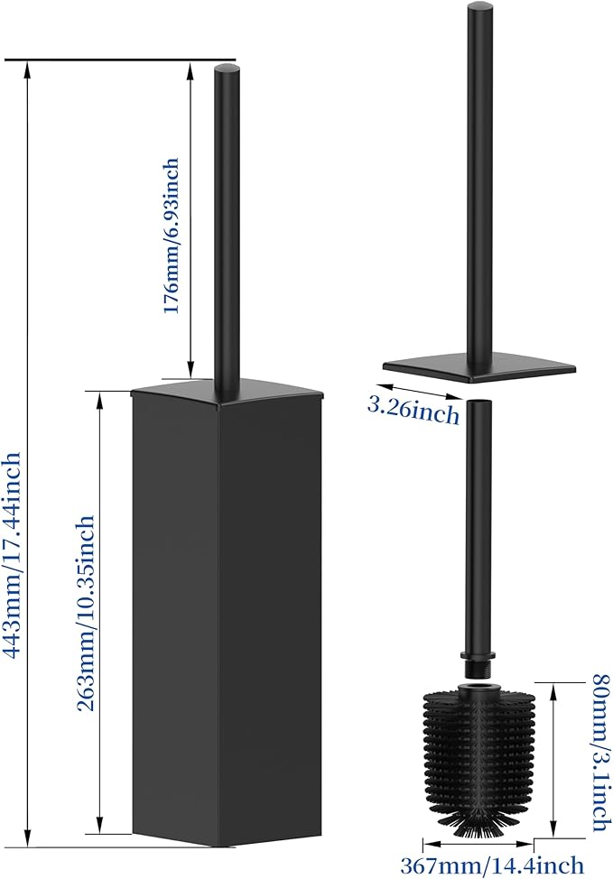 RUACQ Toilet Brush and Holder Set,Square Toilet Bowl Brush for Bathroom with 304 Stainless Steel Handle Toilet Cleaner Brush with Durable Scrubbing Bristles,Splash-Proof (Matte Black)