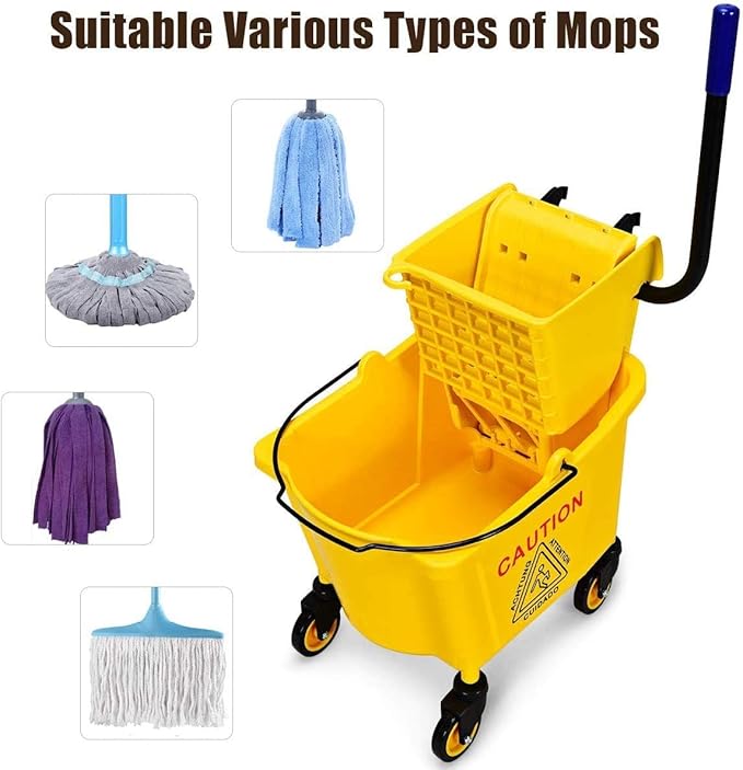 ARLIME Mop Bucket with Wringer On Wheels, 26 Quart Capacity Portable Wringer Trolley on Wheels, Side Press Floor Cleaning Wavebrake w/Handle, Mop Bucket for Home, Commercial, Restaurants