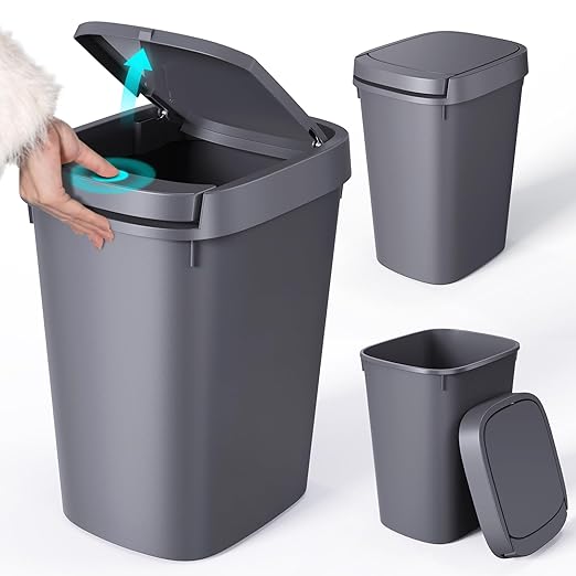 CEROELDA 3 Pack Bathroom Trash Can with Lid, 10L/2.6 Gal Small Garbage Can with Press Top Lid, Slim Plastic Waste Basket for Toilet, Office, Bedroom (Grey, 3 Pack)