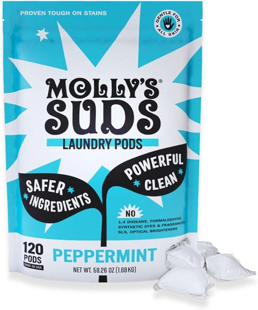 Molly's Suds Laundry Detergent Pods | Clean Detergent for Sensitive Skin | Ultra Concentrated and Stain Fighting | Peppermint - 120 Count (Value Pack)