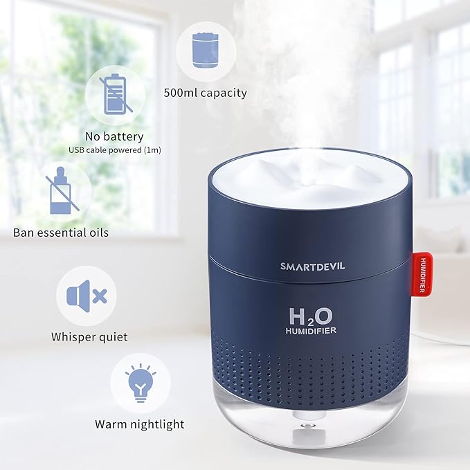 SmartDevil Small Humidifiers, 500ml Desk Humidifiers, Whisper-Quiet Operation, Night Light Function, Two Spray Modes, Auto Shut-Off for Bedroom, Babies Room, Office, Home (Dark Blue)