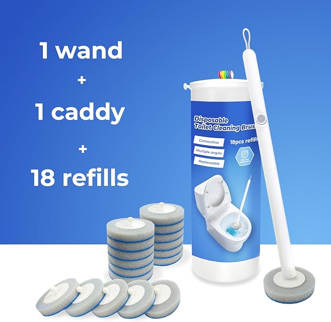Disposable Toilet Bowl Cleaning System Kit - Includes Wand Handle, Storage Caddy & 18 Refill Heads - Quick, Hygienic Bathroom Clean - Essential for Home, Apartment, Dorm Room & Guest Bath