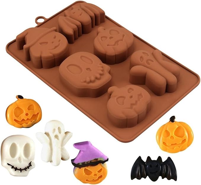 mostsom Chocolate Molds Halloween Chocolate Candy Silicone Mold Ghost Pumpkin Bat Skull Witch Hat Gummy Fondant Baking Mold (A_ 7.28x4.36x0.76 inch)