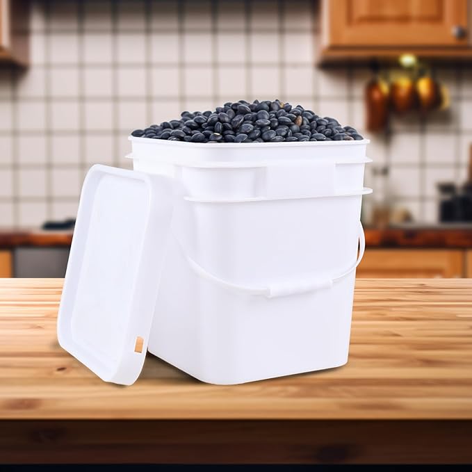 4 Pack Food Plastic Utility Pail with Lid and Handle, 3 Gallon Square Buckets for Storage Food, White