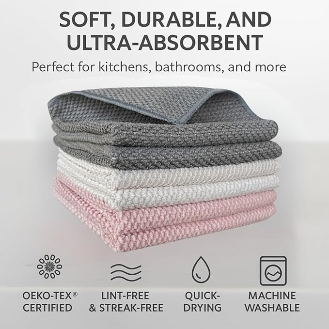 Microfiber Cleaning Cloths - 12" x 12" - Kitchen Dish Cloths for Washing Dishes - Microfiber Cleaning Rags - for Housekeeping, Dusting, Glass, Electronics, Car Interior - 6 Pack - Gray, Beige, Pink