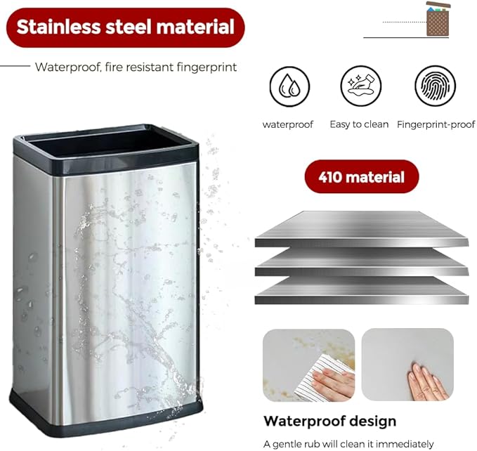 25L/6GALSquare Silver Garbage Can,Tall Kitchen Garbage Can,Silver Tall Trash can for Bathroom,Tall Stainless Steel dusbin for Commercial,Detached House