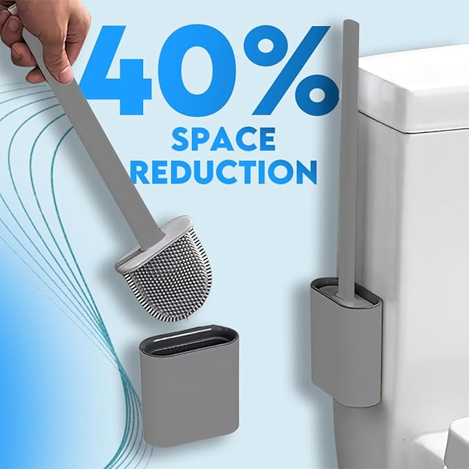 Silicone Toilet Brush and Holder Set – Pack of 2 Grey Wall Mounted Toilet Brush – Long Non-Slip Handle, Flexible Bristles for Easy Cleaning – Modern Toilet Scrubber Brush