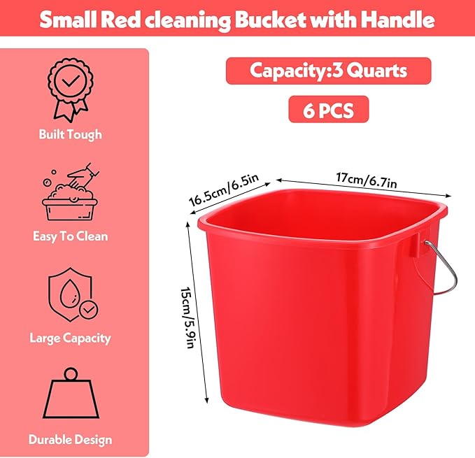 6 Pcs 3 Quart Cleaning Bucket Small Sanitizing Square Bucket Detergent Pail for Home Commercial Restaurant Kitchen Office School (Red)