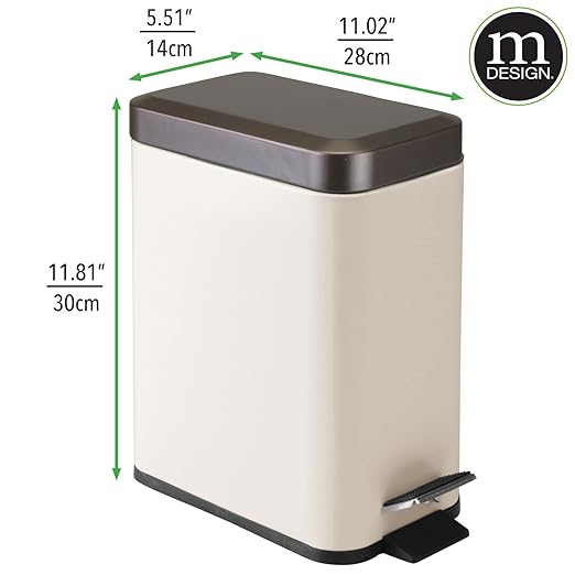 mDesign Small Modern 1.3 Gallon Rectangle Metal Lidded Step Trash Can, Compact Garbage Bin with Removable Liner Bucket and Handle for Bathroom, Kitchen, Craft Room, Office, Garage - Vanilla/Bronze