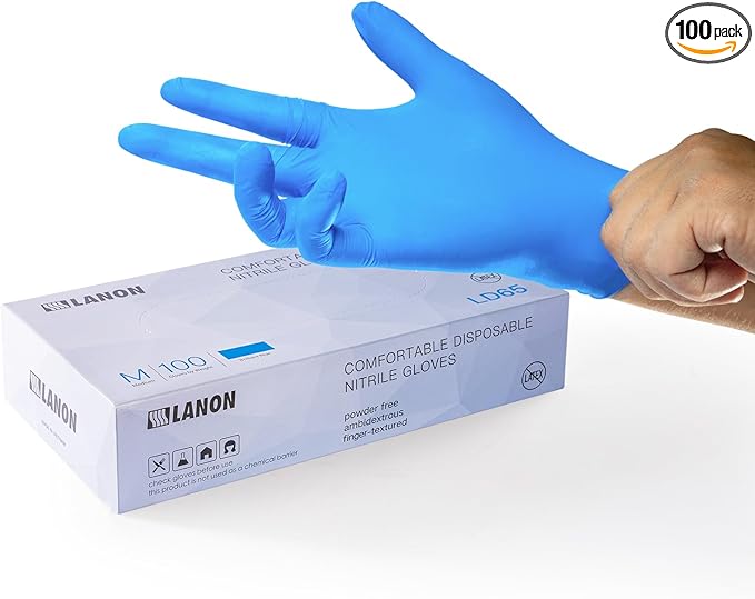 LANON Disposable Nitrile Gloves, Silicone-Free, Food-Safe, Chemical Resistant, Powder-Free, Textured Fingertips, Cooking, Cleaning, Blue, Small