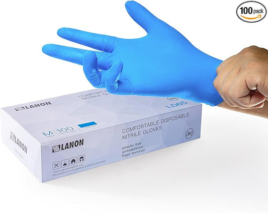 LANON Disposable Nitrile Gloves, Silicone-Free, Food-Safe, Chemical Resistant, Powder-Free, Textured Fingertips, Cooking, Cleaning, Blue, Small