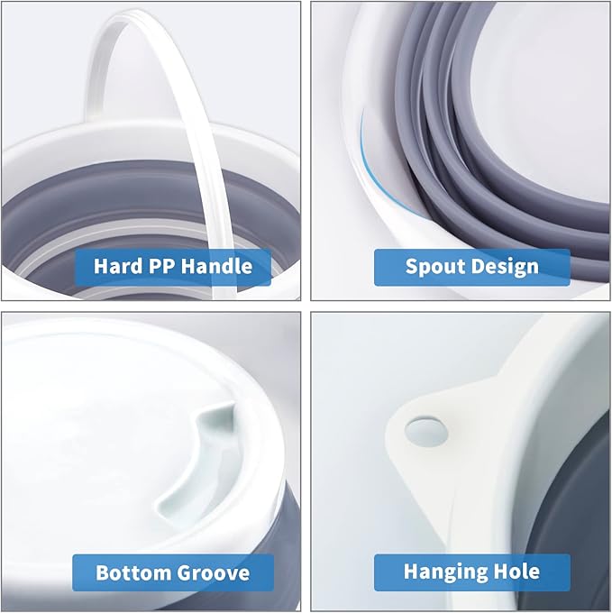 2 Pack Collapsible Buckets 10L 2.6 Gallon Cleaning Bucket Mop Bucket Folding Foldable Portable Small Plastic Water Supplies for Outdoor Garden Camping Fishing Car Wash Space Saving Grey and Blue