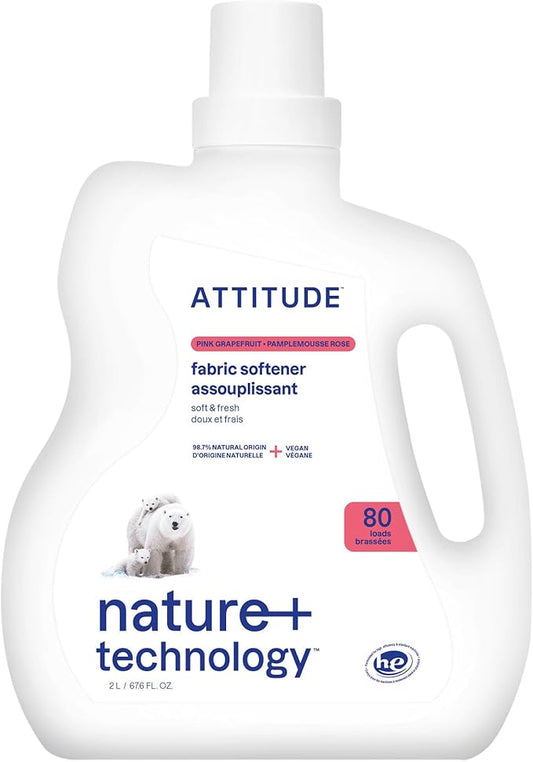 ATTITUDE Liquid Fabric Softener, Plant-Based & Vegan, HE Compatible, Naturally Derived, Pink Grapefruit Scent, 80 Loads, 67.6 Fl Oz