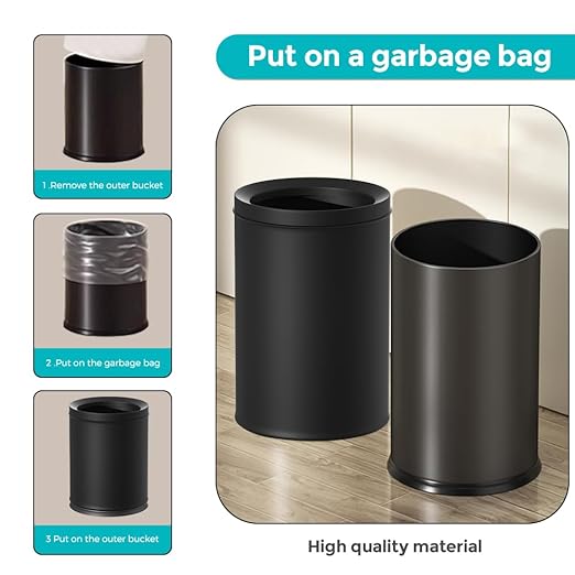 3.17 Gallon/12L Elegant Garbage Can,Double Layers Metal Trash Cans,Light Luxury Black Waste Basket, for Bathroom,Bedroom,Kitchen,Hotel,Office,Bank,Home,Cafe (Black 12L)