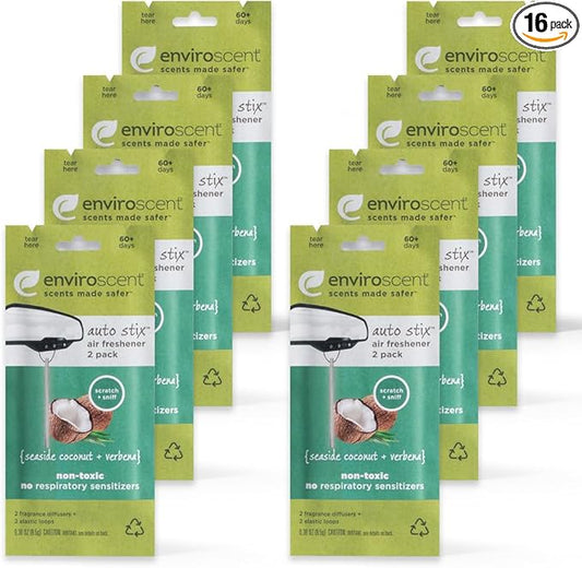Enviroscent Non-Toxic Car Air Freshener | Natural Car Air Freshener | Essential Oil Diffuser | Car Scent Lasting Over 480 Days | 8 Packs of 2 Hanging Auto Stix (Seaside Coconut & Verbena)