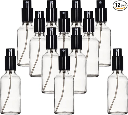 YIZHAO Clear Glass Spray Bottles 2oz, with Small Fine Mist Spray, Metal Cap, Refillable for Essential Oil,Travel,Cleaning,Perfume,Aromatherapy,Makeup – 12 Pcs