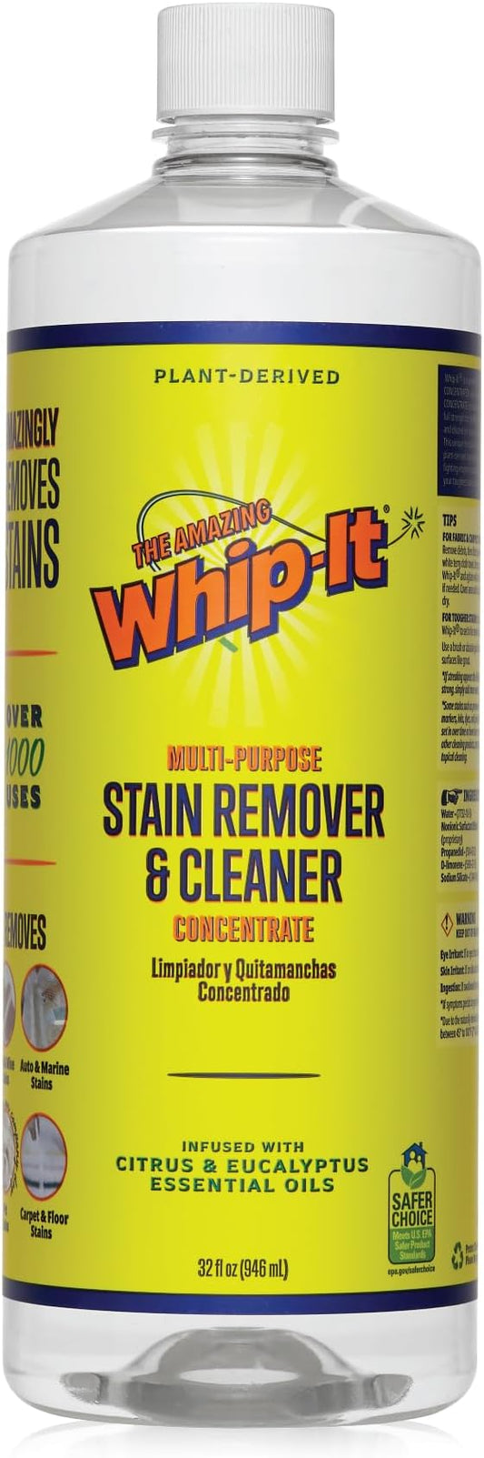 Whip It Cleaner, Multi Purpose Stain Remover CONCENTRATE, Makes 32 Bottles, Plant Based Enzyme Cleaner, Cleaning Food, Grease, Coffee, Wine, Baby Stains, pet stains, Over 500 uses, Made in USA, 32 OZ