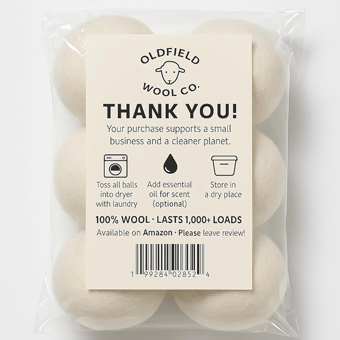Oldfield Wool Co XL Organic Wool Dryer Balls – 6 Pack – Natural Fabric Softener, Reduces Drying Time 30%, Reusable, Pet Hair & Lint Remover, Eco-Friendly