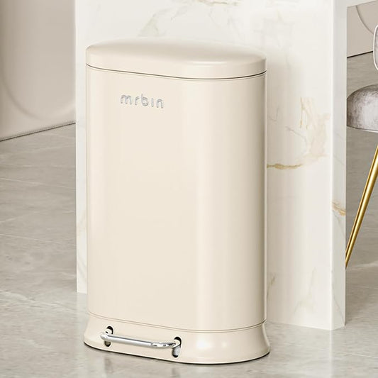 MRBIN Metal Kitchen Trash Can with Lid, 30L / 7.9gal Commercial Step Waste Basket for Bathroom, Medium Office Garbage Pail with Stainless Steel Foot Pedal for Near Desk, Bedroom, Rv, White