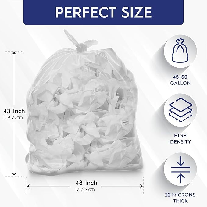 45-50 Gallon Trash Bags - (22 Microns) High Density 43"x48", 150 Count Unscented Trash Can Liners - Multipurpose Clear Garbage Bags for Bathroom, Kitchen or Office Wastebaskets Made in USA