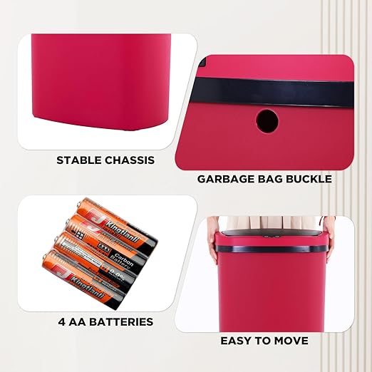 BestOffice | 13 Gallon Plastic Trash Can with Lid | Red | Automatic Touchless Garbage Can | Odor Control | Modern Oval Design | Easy to Clean | Fits Any Kitchen, Bathroom, Office or Home