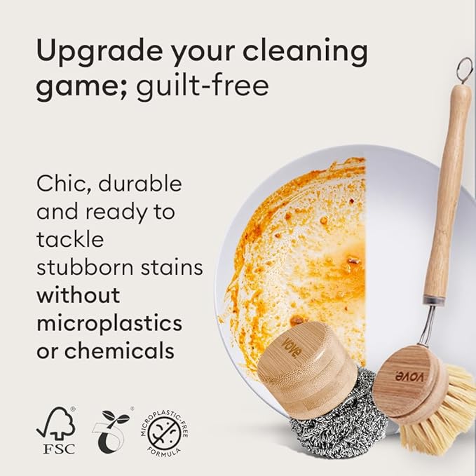 Vove Magnetic Scourer & Bamboo Dish Brush Set, Stainless Steel Scrubber with FSC-Certified Bamboo Handle and 3 Pads, Sisal Fiber Brush, for Cast Iron, Pots & Pans, Eco-Friendly Kitchen Cleaning Bundle