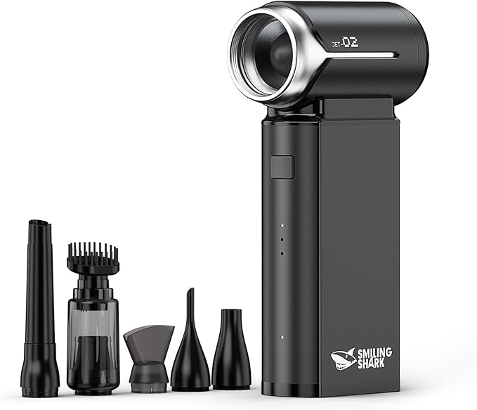 Smiling Shark Compressed Air Duster, J02 Super Power 150000RPM Aluminum Electric Air Duster with Mini Vacuum Cleaner, 2 Modes (Normal&Storm) Adjustable Dust Blower for PC/Outdoor/House/Car