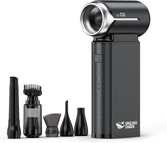 Smiling Shark Compressed Air Duster, J02 Super Power 150000RPM Aluminum Electric Air Duster with Mini Vacuum Cleaner, 2 Modes (Normal&Storm) Adjustable Dust Blower for PC/Outdoor/House/Car