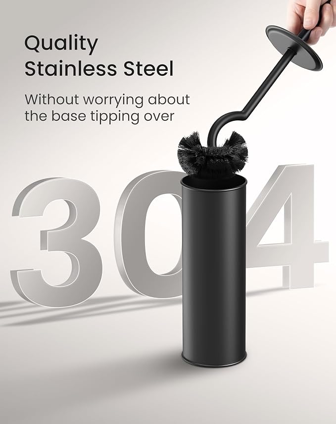 Cesun Toilet Brush and Holder Set - Curved Design Toilet Brush for Deep Cleaning Under Rim, 304 Stainless Steel Toilet Bowl Brush and Holder for Bathroom, Rv, Black(2 Replaceable Brush Head Included)