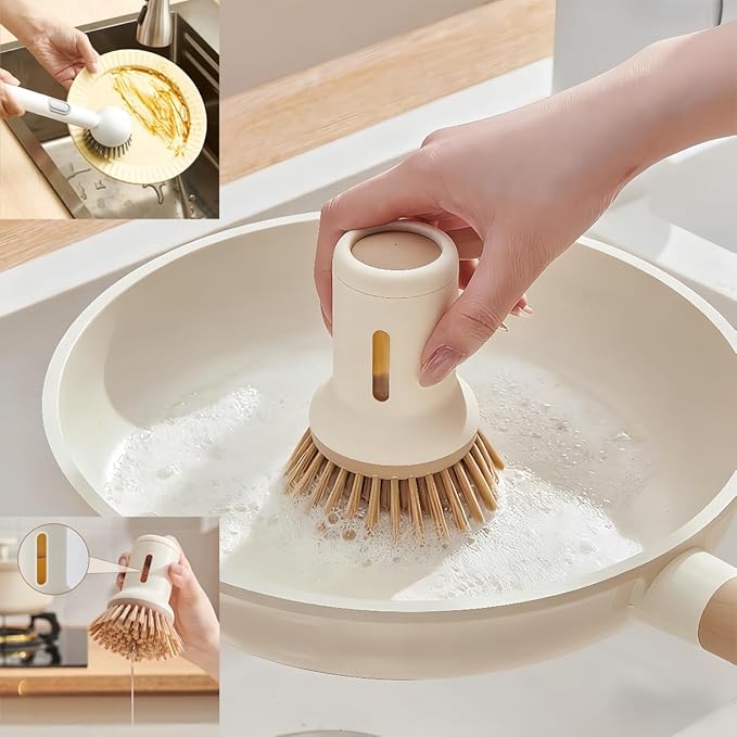 Adjustable Dish Brush with Soap Dispenser, Non-Scratch PET Bristles, Ergonomic Handle, Kitchen Cleaning Tool for Pots, Pans & Sink (Yellow, Short Style-1 Piece)