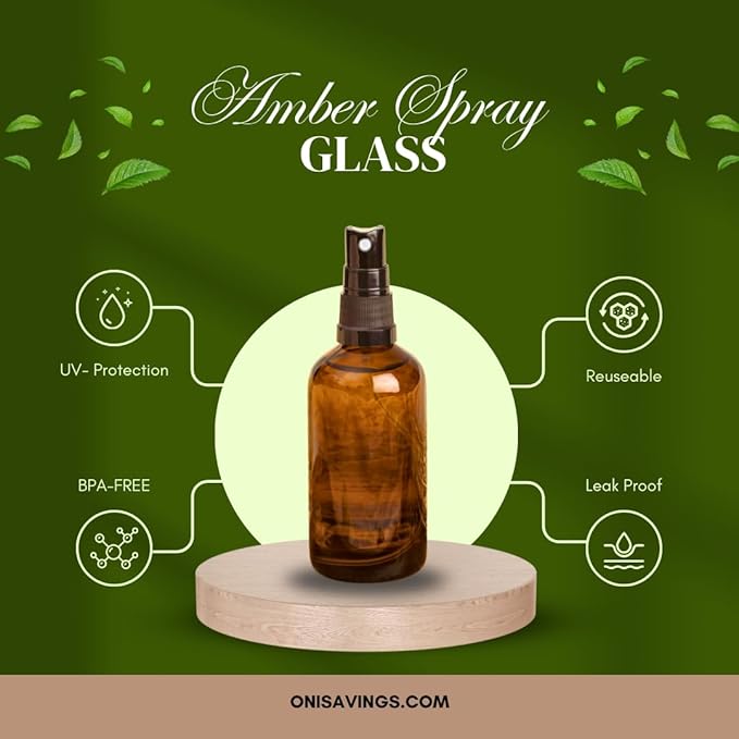 2 Oz Pack of 2 Glass Spray Bottles-Use to Store for Essential Oils, Perfumes,Face Mist, Fragrances, Water Size, Amber Glass Spray