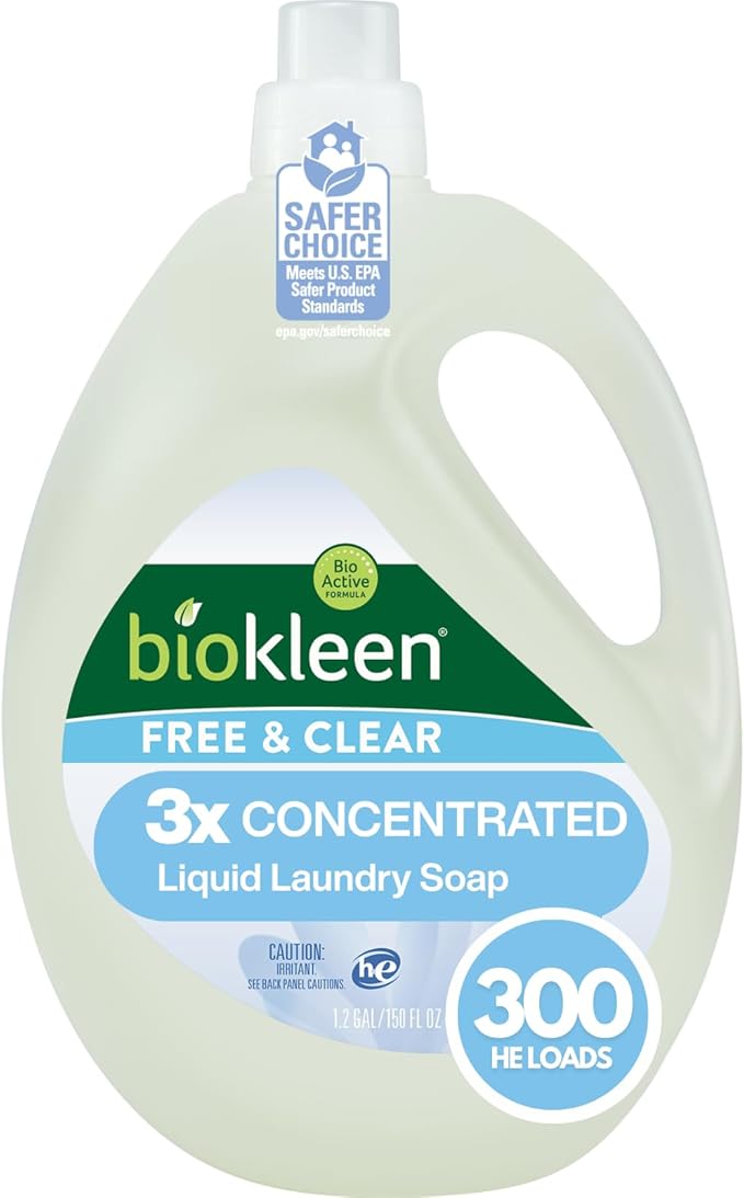 Biokleen Free & Clear Natural 3X Concentrated Liquid Laundry Detergent, 300 Loads, Plant-Based, Hypoallergenic, Removes Stains & Fights Odors, Dye Free, Unscented