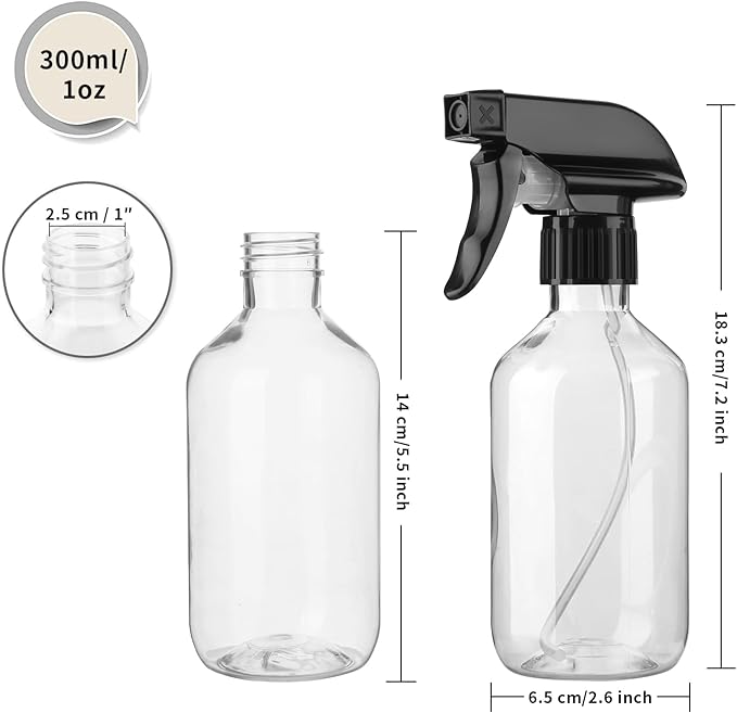 2-Pack Leakproof Spray Bottles (300ml/10oz) - Adjustable Nozzle for Fine Mist & Jet Stream | Premium Refillable Plastic Bottles for Hair Styling, Plant Misting, Cleaning Solutions (Clear)