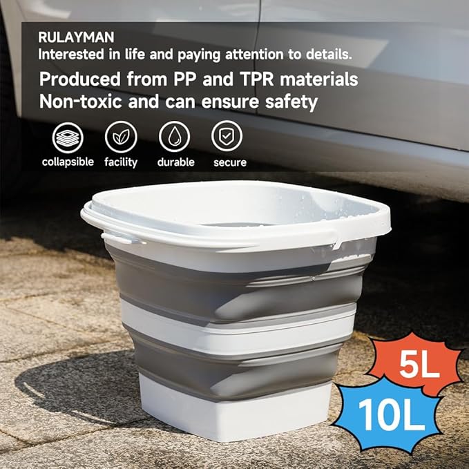 2 Pack Collapsible Plastic Bucket with Handle 1.32 Gallon (5L) Each Foldable Rectangular Tub for Cleaning Camping Essentials Space Saving Outdoor Portable Bucket for Camping