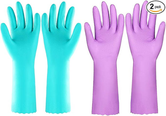 Elgood Reusable Dishwashing Cleaning Gloves with Latex free, Cotton lining,Kitchen Gloves 2 Pairs,Purple+blue Medium