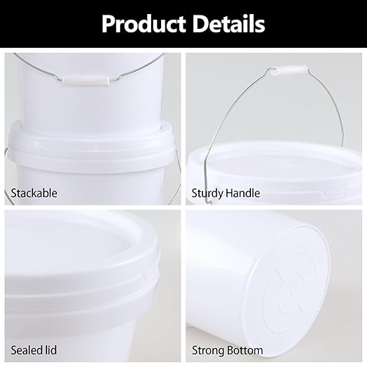 4-Gallon White Bucket Pail Container with Air Tight Lid, Plastics Food Grade Buckets Pail (4 Pack)
